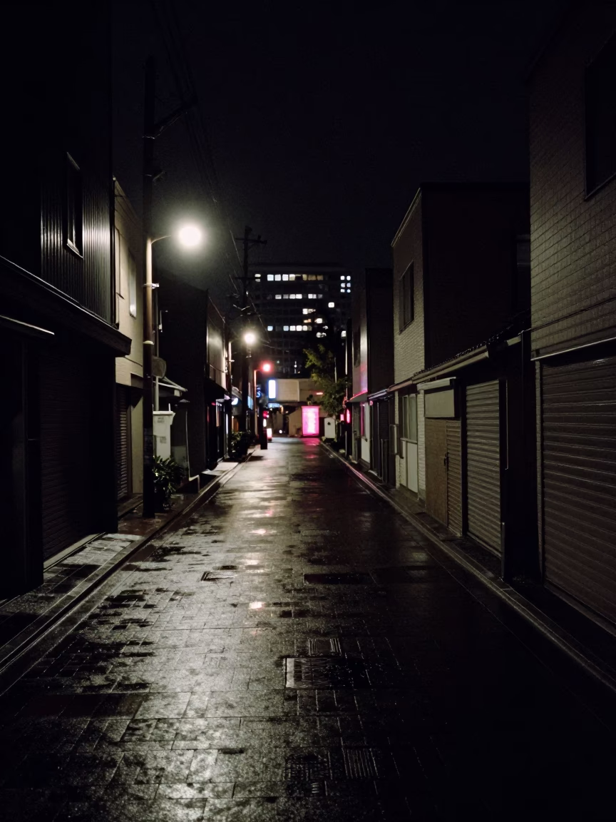 Nighttime Sapporo Street Scene with Distant Neon Lights and Urban Canal Details in in Sapporo, Japan