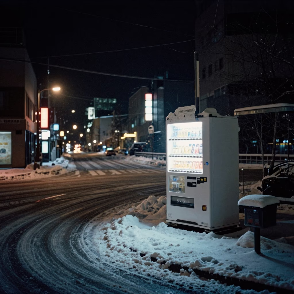Nighttime Sapporo Street Scene with Neon Lights and Snow Covered Pavement in in Sapporo, Japan