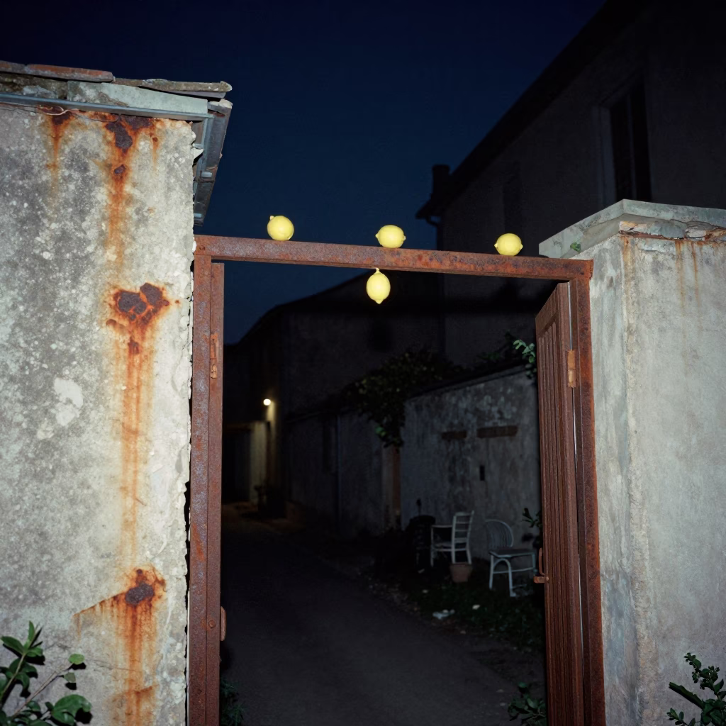 Nighttime Scene in Nice France with Lemons and Rusty Doorframe Under Deep Sky in in Nice, France
