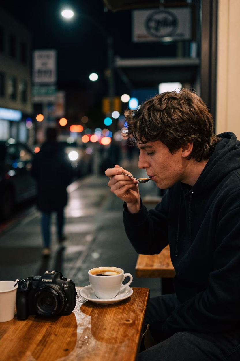 Nighttime Seattle Street Scene with Coffee Cupper and Urban Elements in in Seattle, Washington, United States