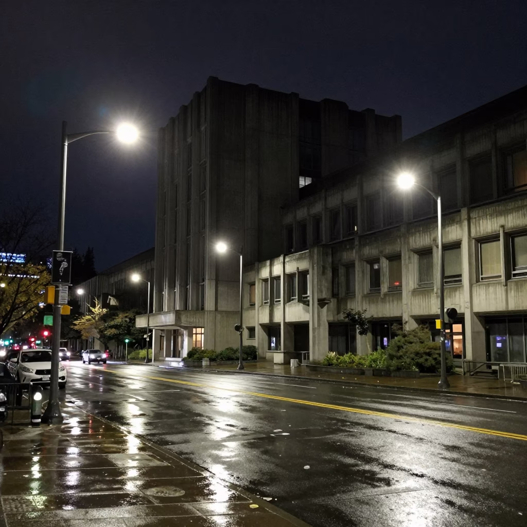 Nighttime Seattle Street Scene with Concrete Brutalist Architecture and Condensation on Glass in in Seattle, Washington, United States