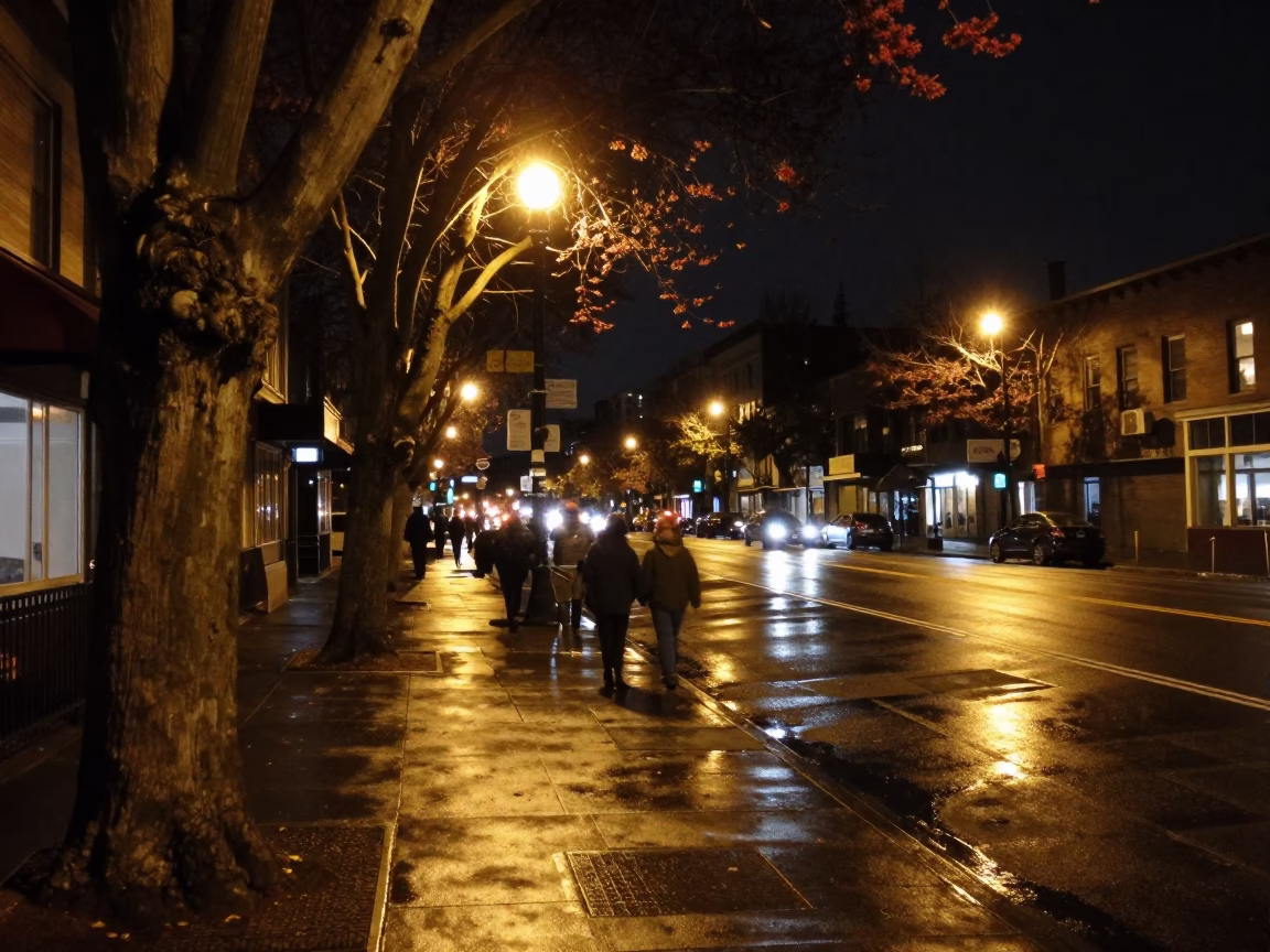 Nighttime Seattle Street Scene with Madrone Tree Bark and Urban Elements in in Seattle, Washington, United States