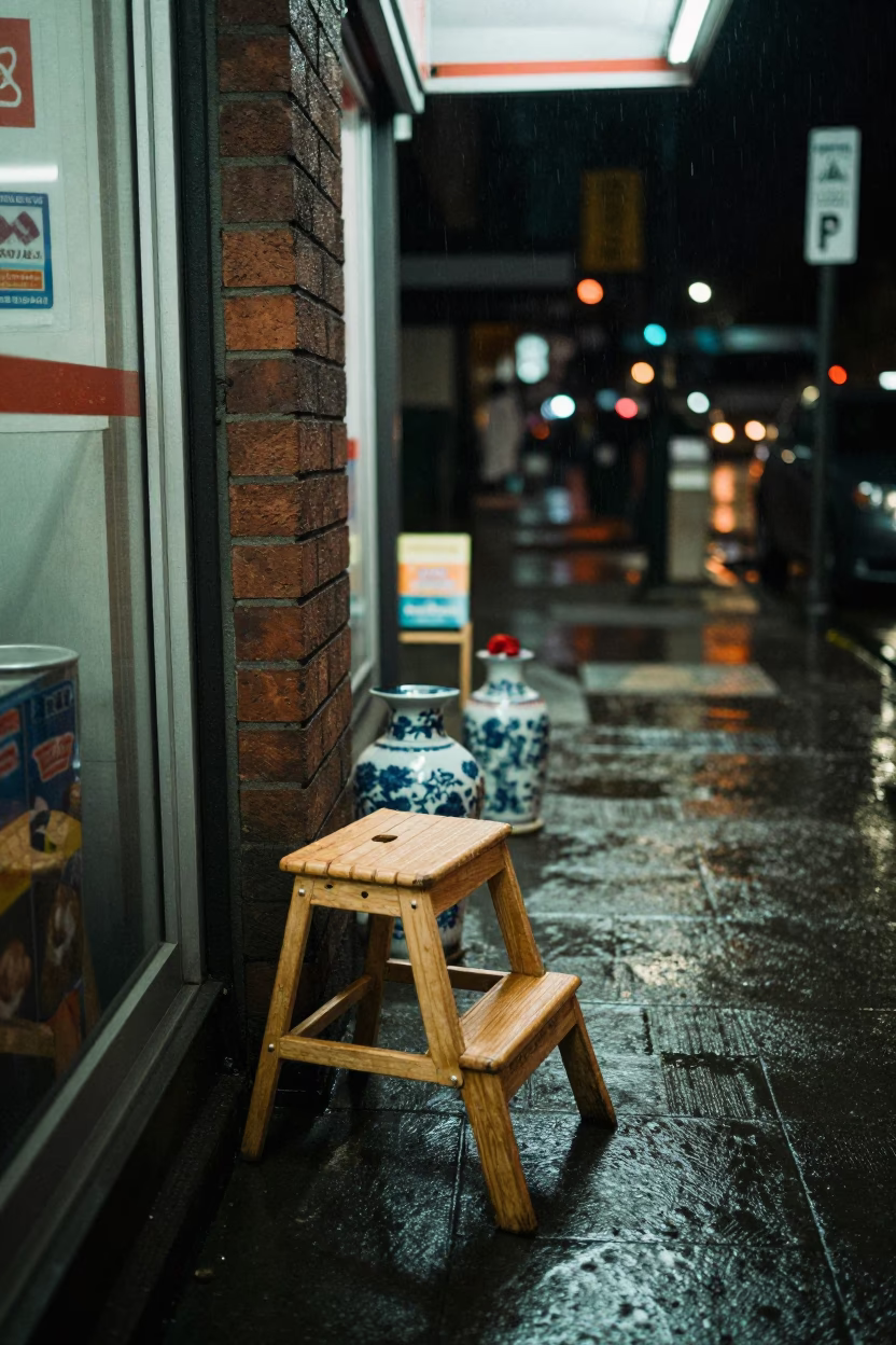Nighttime Seattle Street Scene with Step Stool and Porcelain Jar in Rain in in Seattle, Washington, United States