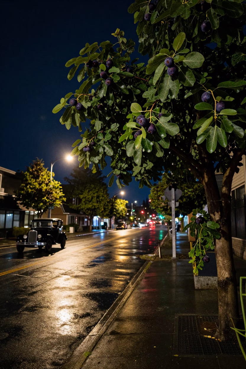 Nighttime Seattle Street Scene with Vintage Car and Fig Tree Under Deep Sky in in Seattle, Washington, United States