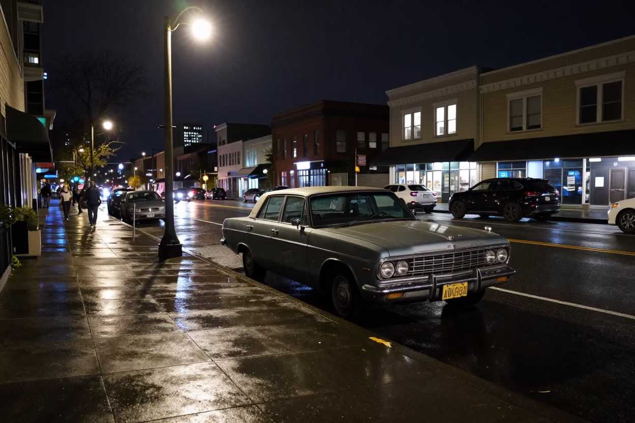 Nighttime Seattle Street Scene with Vintage Car and Urban Architecture in in Seattle, Washington, United States