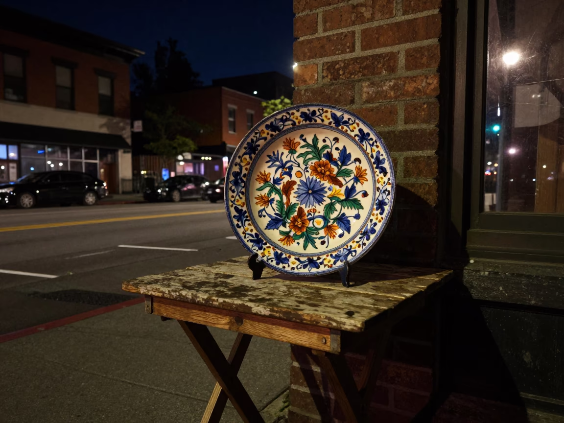 Nighttime Seattle Street Scene with Vintage Majolica Plate and Inkcap Mushroom Art in in Seattle, Washington, United States