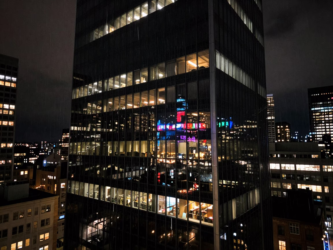 Nighttime Seattle Urban Reflections and Rain on Glass Skyscraper with Monorail in in Seattle, Washington, United States