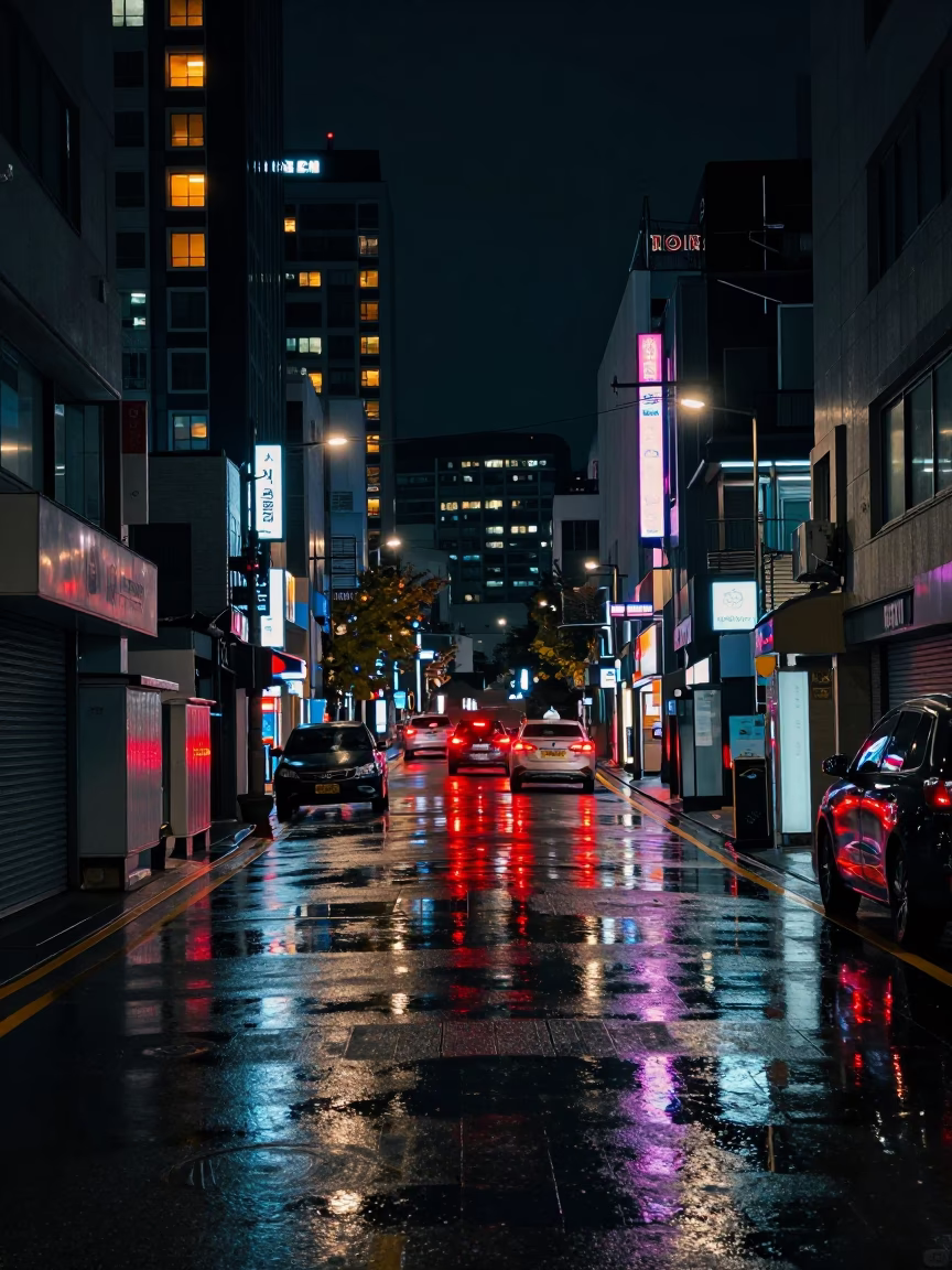Nighttime Seoul Street Reflections in Puddle with Hotel Windows and Tail Lights in in Seoul, South Korea