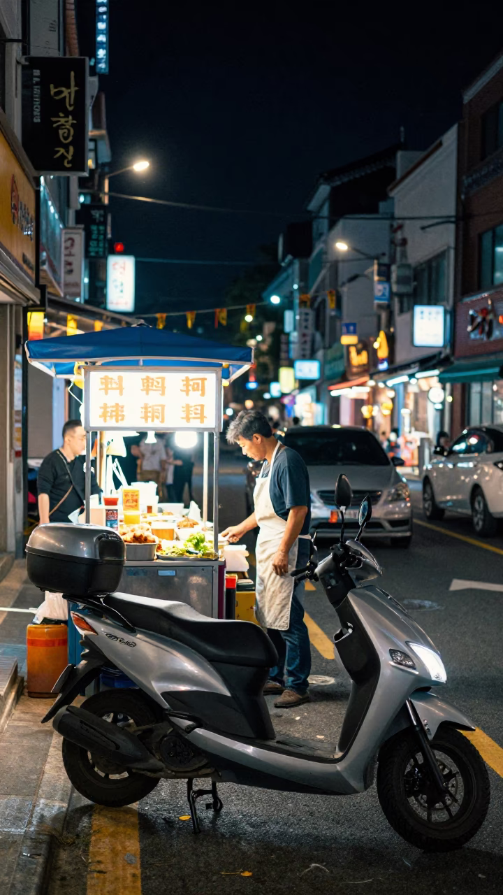 Nighttime Seoul Street Scene with Parked Scooter and Local Diner in in Seoul, South Korea