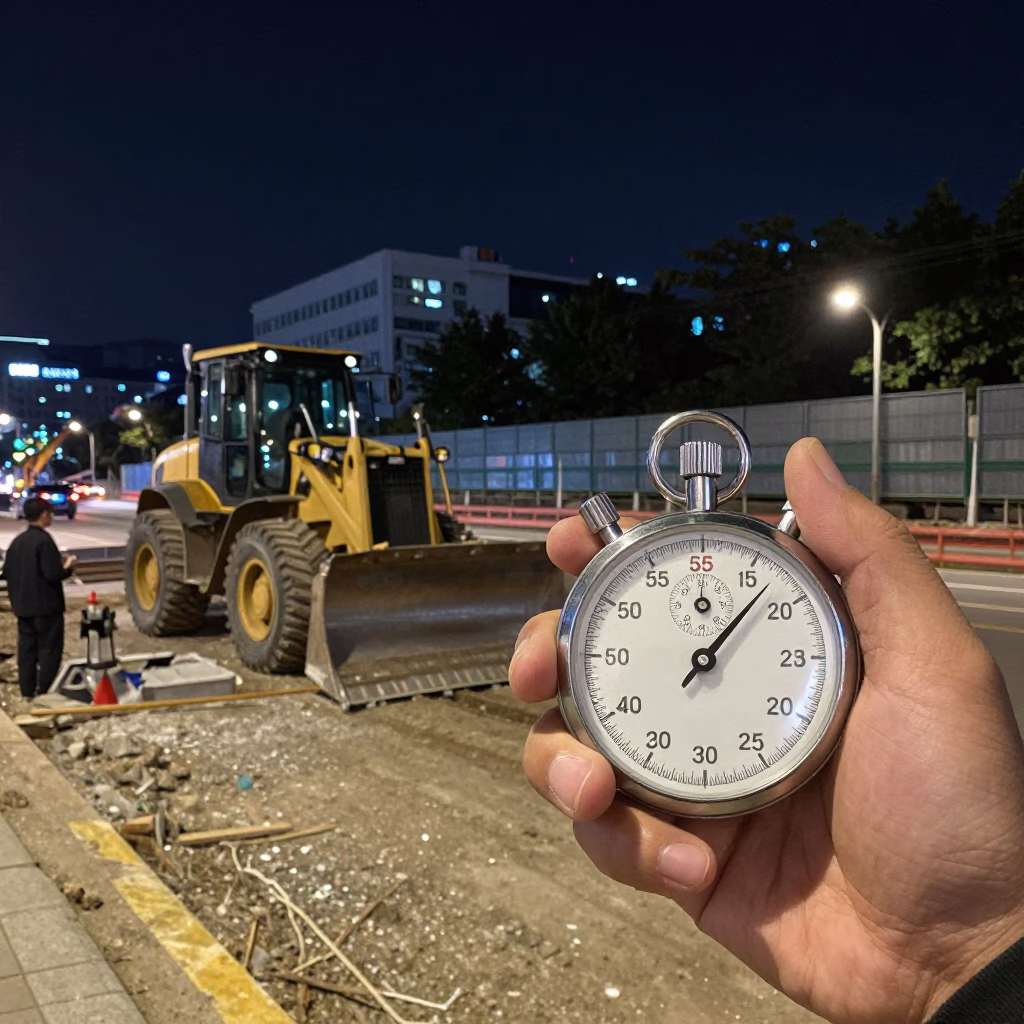 Nighttime Seoul Street Scene with Stopwatch and Construction Activity in in Seoul, South Korea