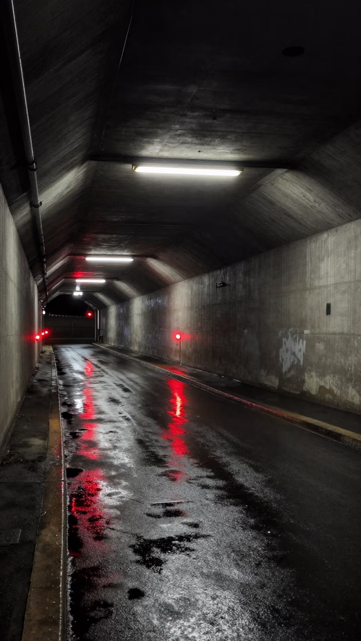 Nighttime Service Tunnel Reflections and Blinking Indicators in Milan Italy in in Milan, Italy