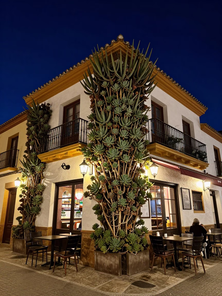 Nighttime Seville Cafe Exterior with Succulent Living Wall Under Deep Sky in in Seville, Spain