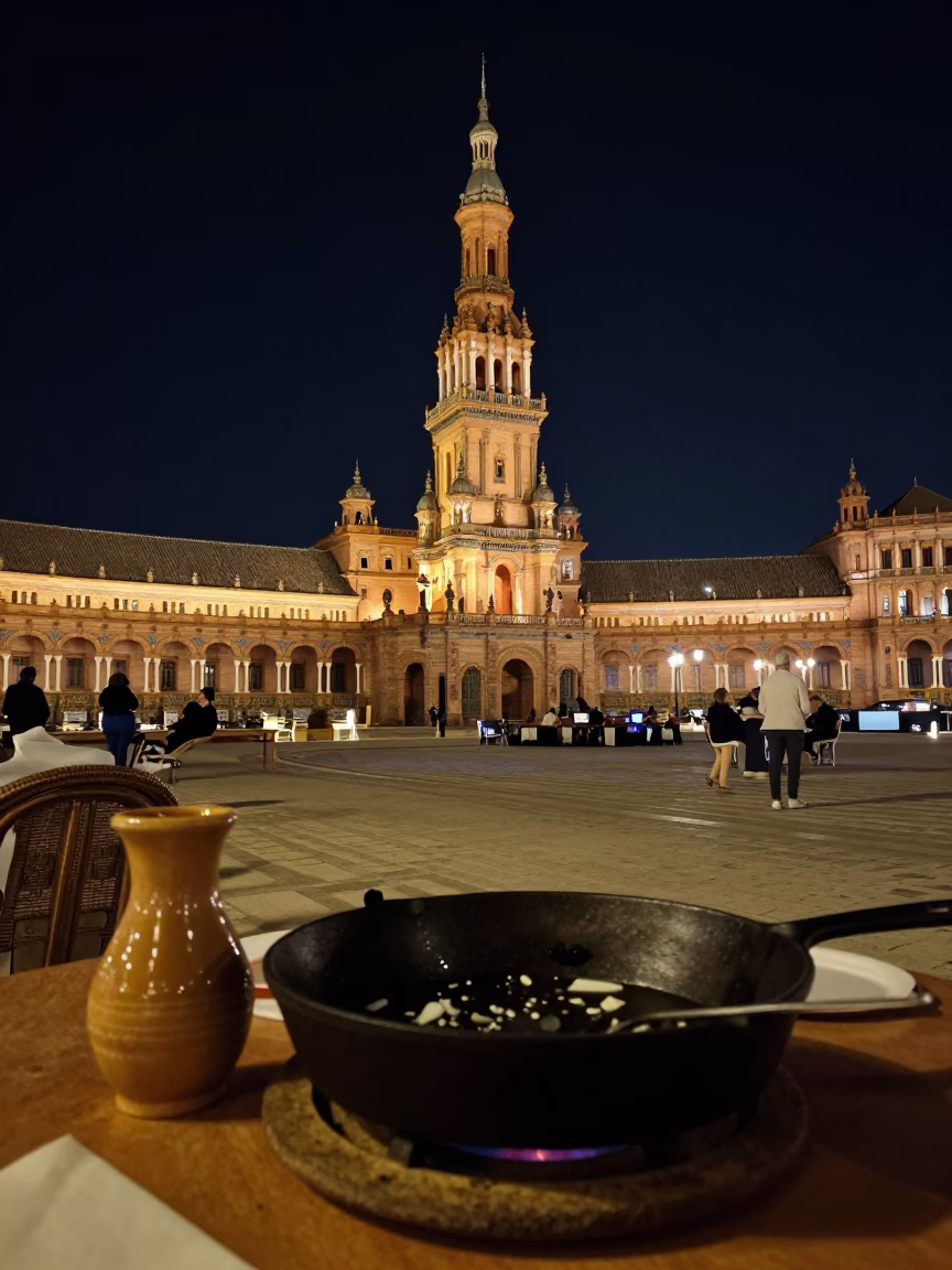 Nighttime Seville Plaza Dining with Skillet and Drinking Vessel Under Deep Sky in in Seville, Spain
