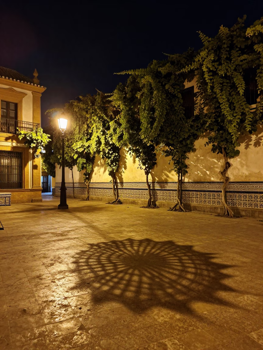 Nighttime Seville Plaza with Vine-Covered Walls and Wicker Shadow on Rim in in Seville, Spain