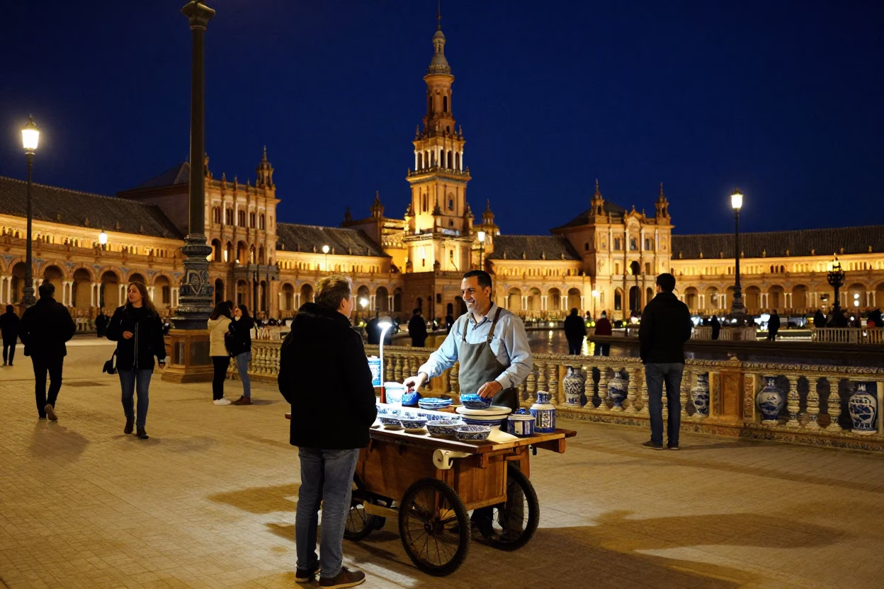 Nighttime Seville Street Scene with Blue and White Porcelain Jar and Key Bowl in in Seville, Spain
