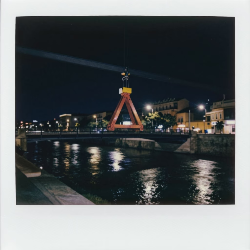 Nighttime Seville Street Scene with Bridge Maintenance Cradle and Urban Light in in Seville, Spain