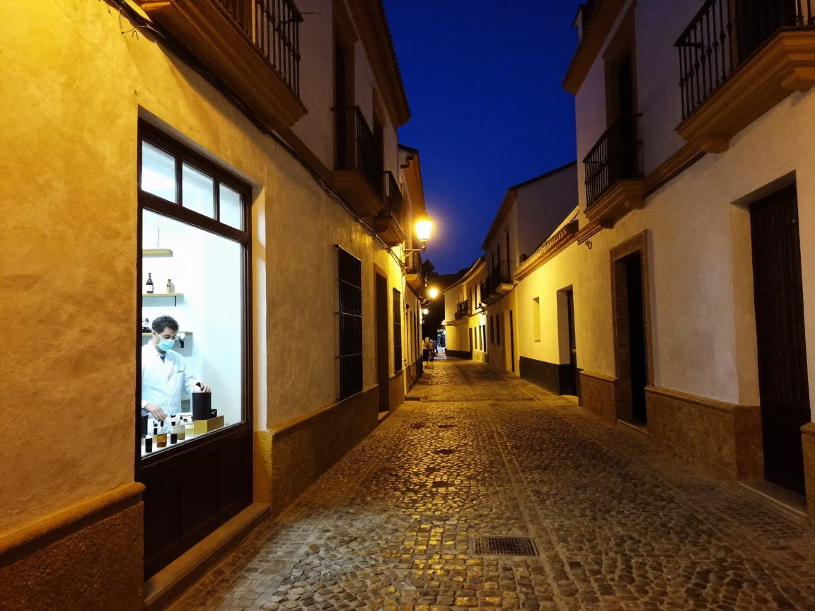 Nighttime Seville Street Scene with Cobalt Blue Liquid and Urban Details in in Seville, Spain