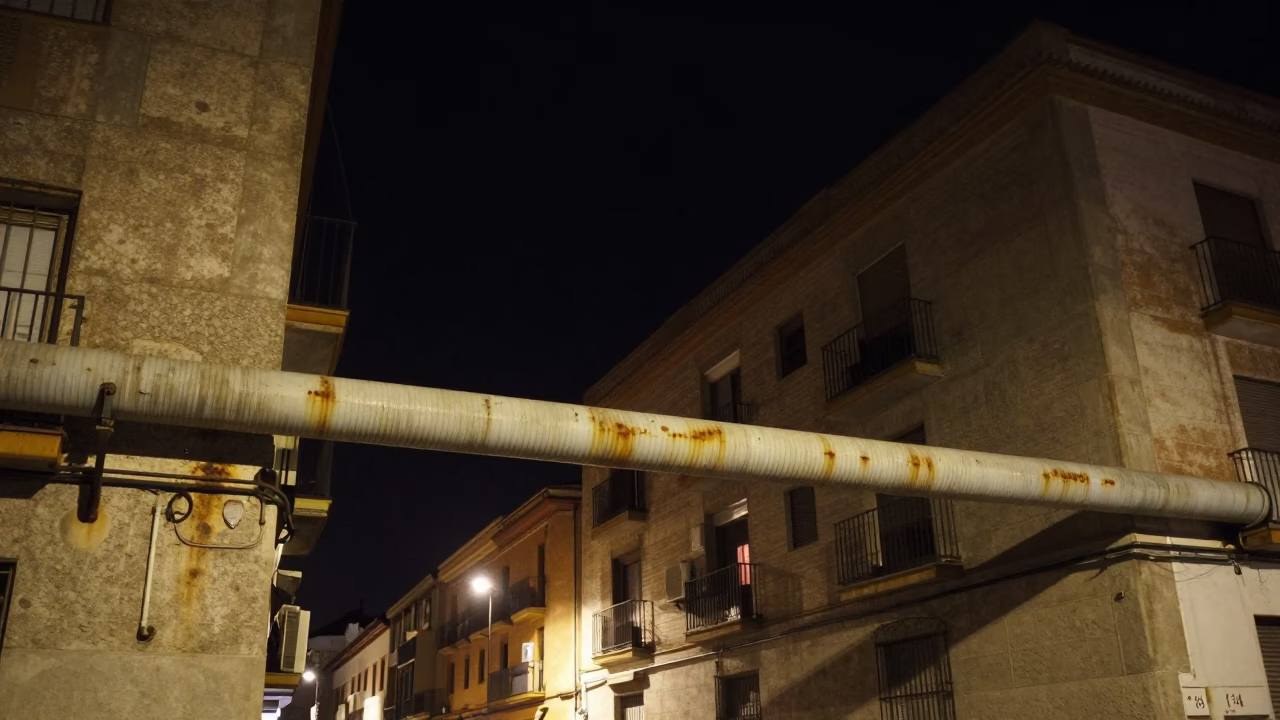 Nighttime Seville Street Scene with District Heating Pipe and Concrete Apartment Blocks in in Seville, Spain