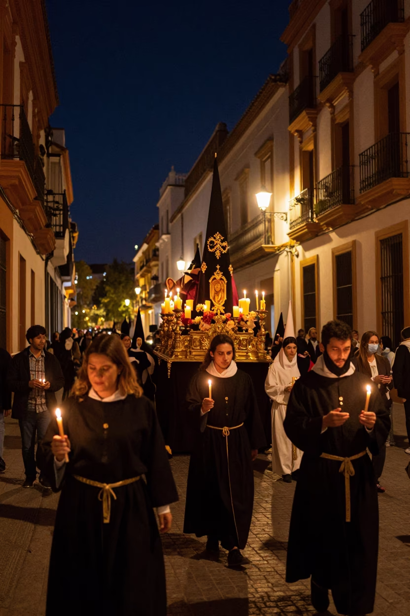 Nighttime Seville Street Scene with Easter Procession Candles and Aprons in in Seville, Spain