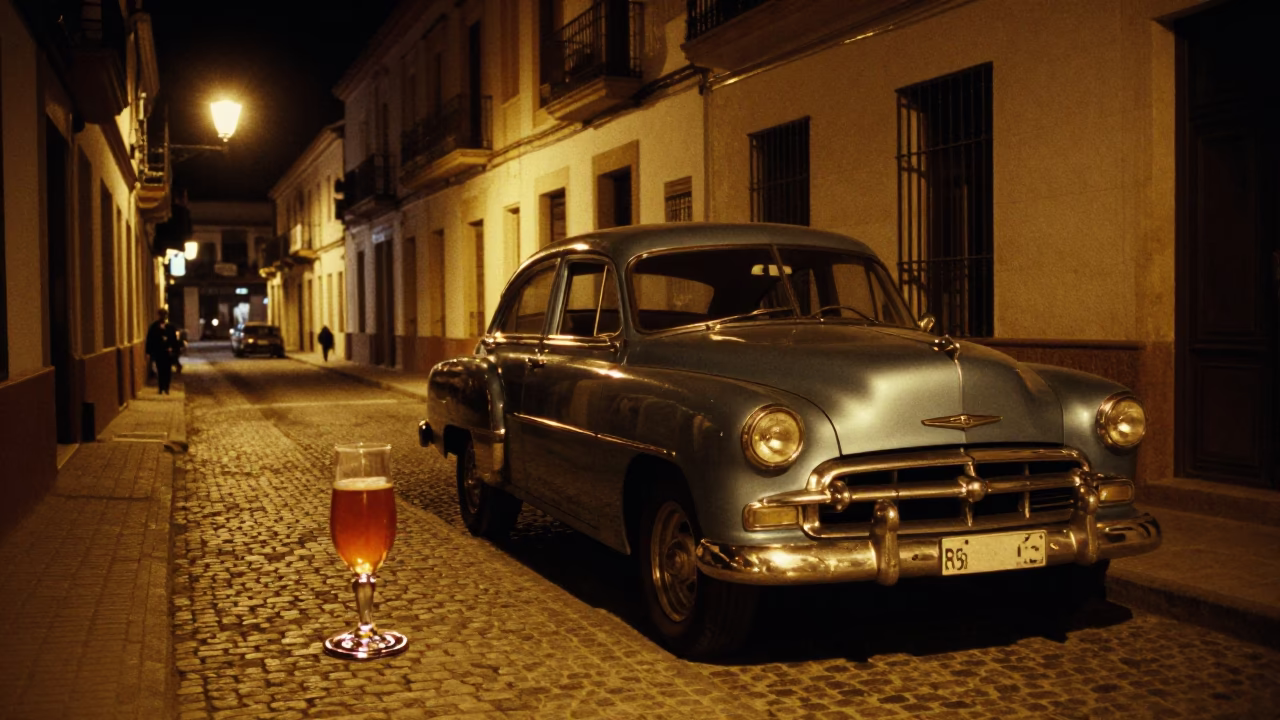 Nighttime Seville Street Scene with Horchata Glass and Vintage Car in in Seville, Spain