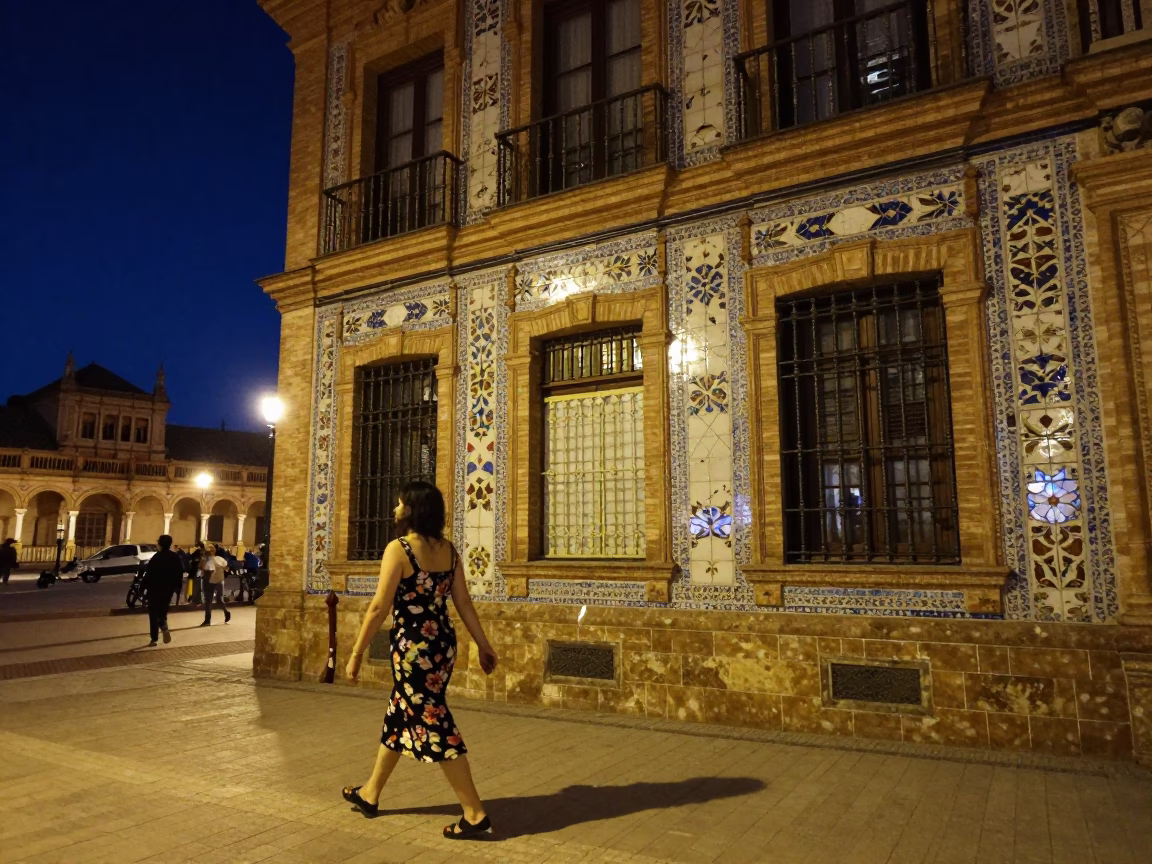 Nighttime Seville Street Scene with Mosaic Tiles and Lived-In Details in in Seville, Spain