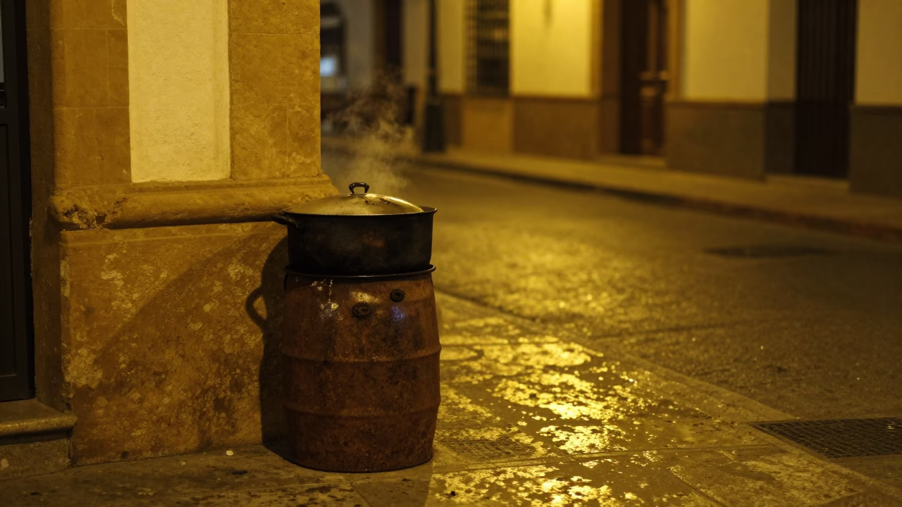 Nighttime Seville Street Scene with Rusty Bucket and Cooking Pot in in Seville, Spain