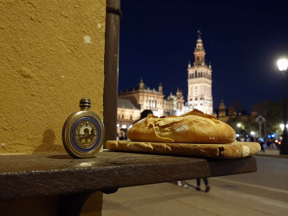 Nighttime Seville Street Scene with Snuff Box and Bread Board on Wooden Shelf in in Seville, Spain