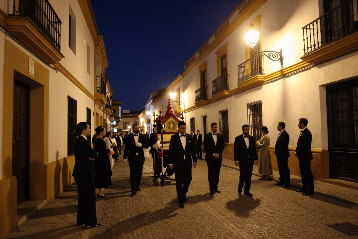 Nighttime Seville Street Scene with Traditional Wedding Procession Under Deep Sky in in Seville, Spain