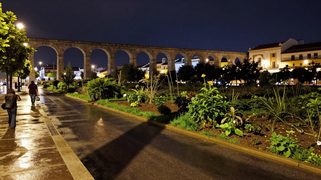 Nighttime Seville Street Scene with Viaduct Shadow and Allotment Gardens After Rain in in Seville, Spain