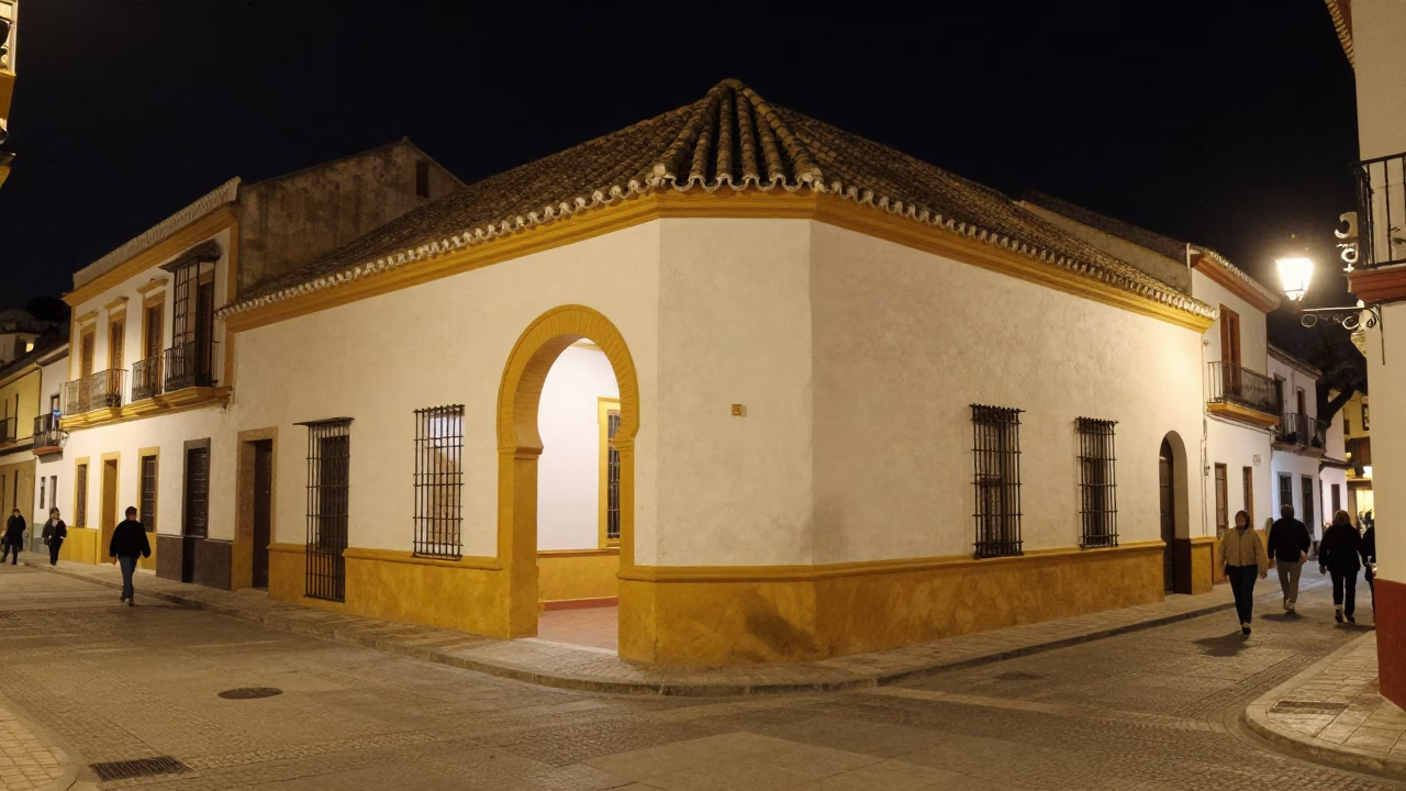 Nighttime Seville street scene with vintage 1970s aesthetics and local architectural details in in Seville, Spain