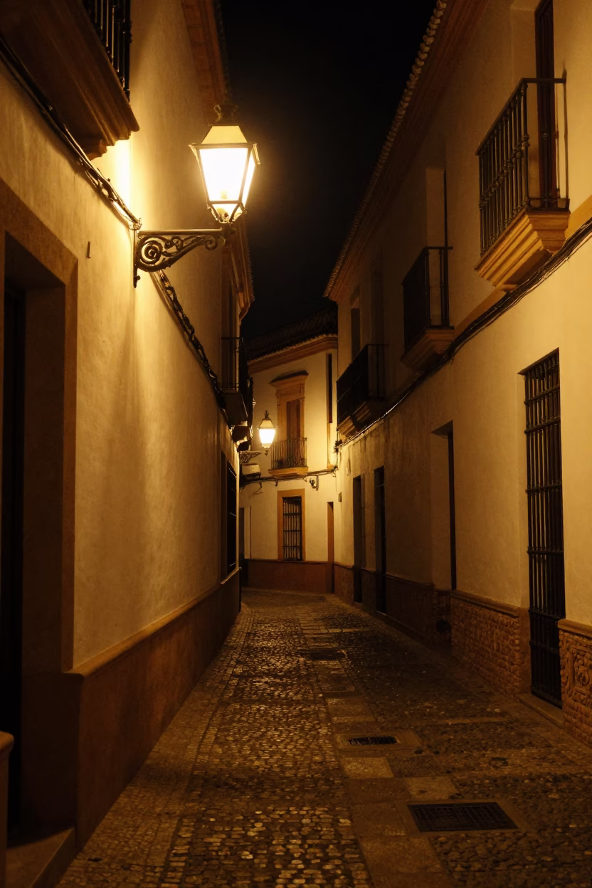 Nighttime Seville Street Scene with Wall Sconce and Local Interaction in in Seville, Spain