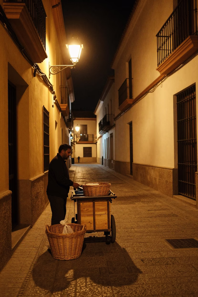Nighttime Seville Street Scene with Wicker Basket and Wooden Ladder in in Seville, Spain