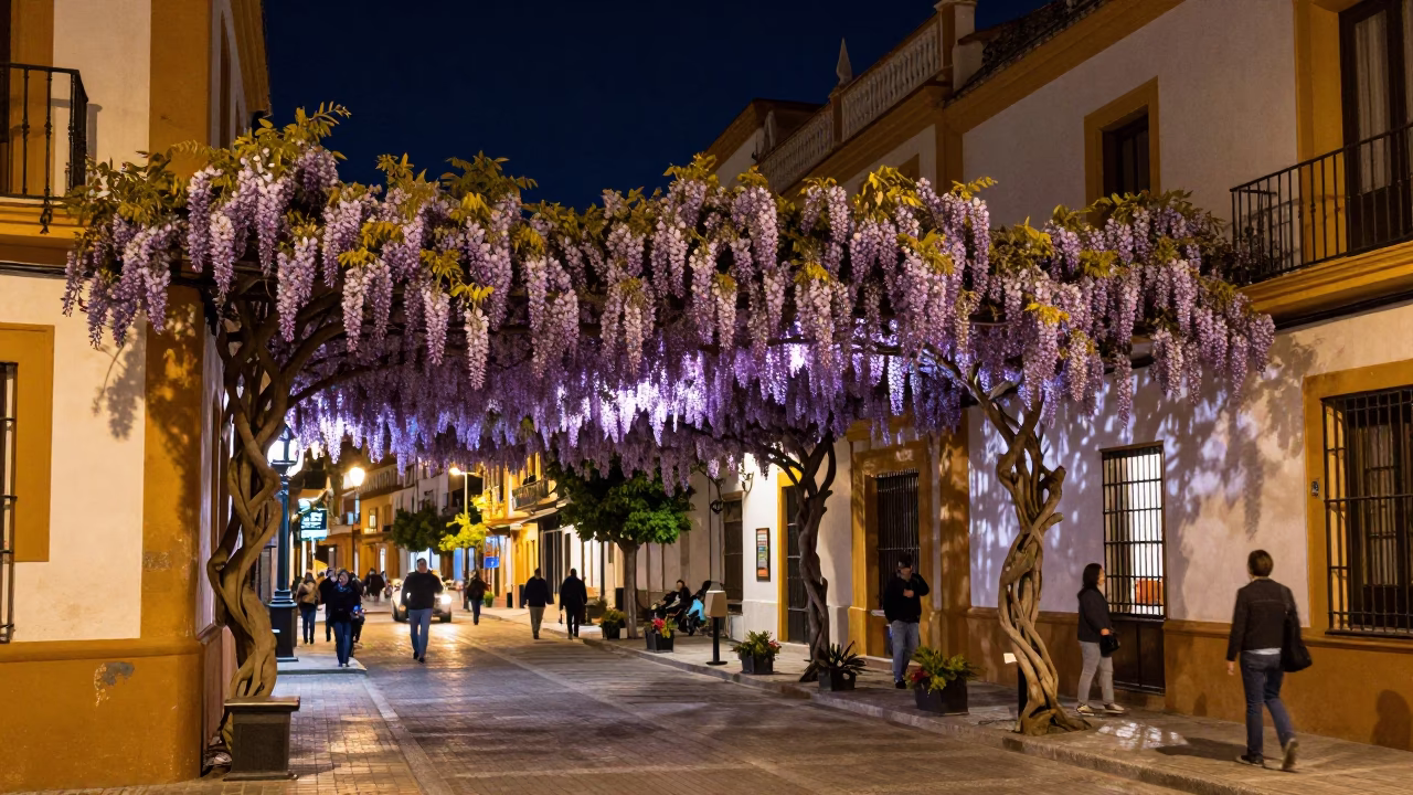 Nighttime Seville Street Scene with Wisteria and Urban Life in in Seville, Spain