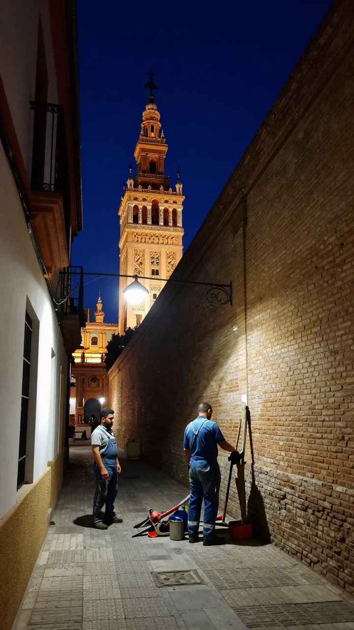 Nighttime Seville street scene with workers and tools under deep sky in in Seville, Spain