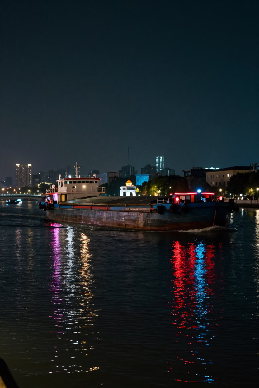 Nighttime Shanghai Canal Barge and Neon Reflections in the Huangpu River District in in Shanghai, China