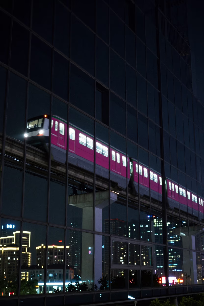 Nighttime Shanghai Monorail Reflection in Glass Skyscraper Window in in Shanghai, China