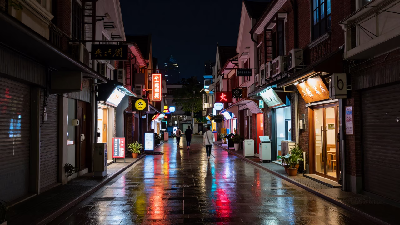 Nighttime Shanghai Street Scene with Neon Reflections and Local Life in in Shanghai, China