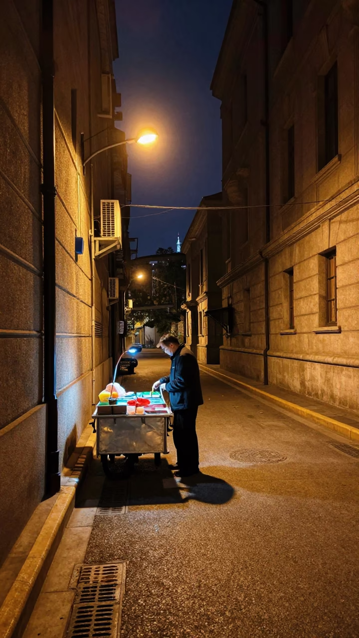 Nighttime Shanghai Street Scene with Vendor Cart and Streetlight in in Shanghai, China