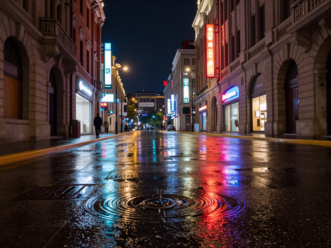 Nighttime Shanghai Street Scene with Wet Pavement Reflections and Urban Drainage Details in in Shanghai, China