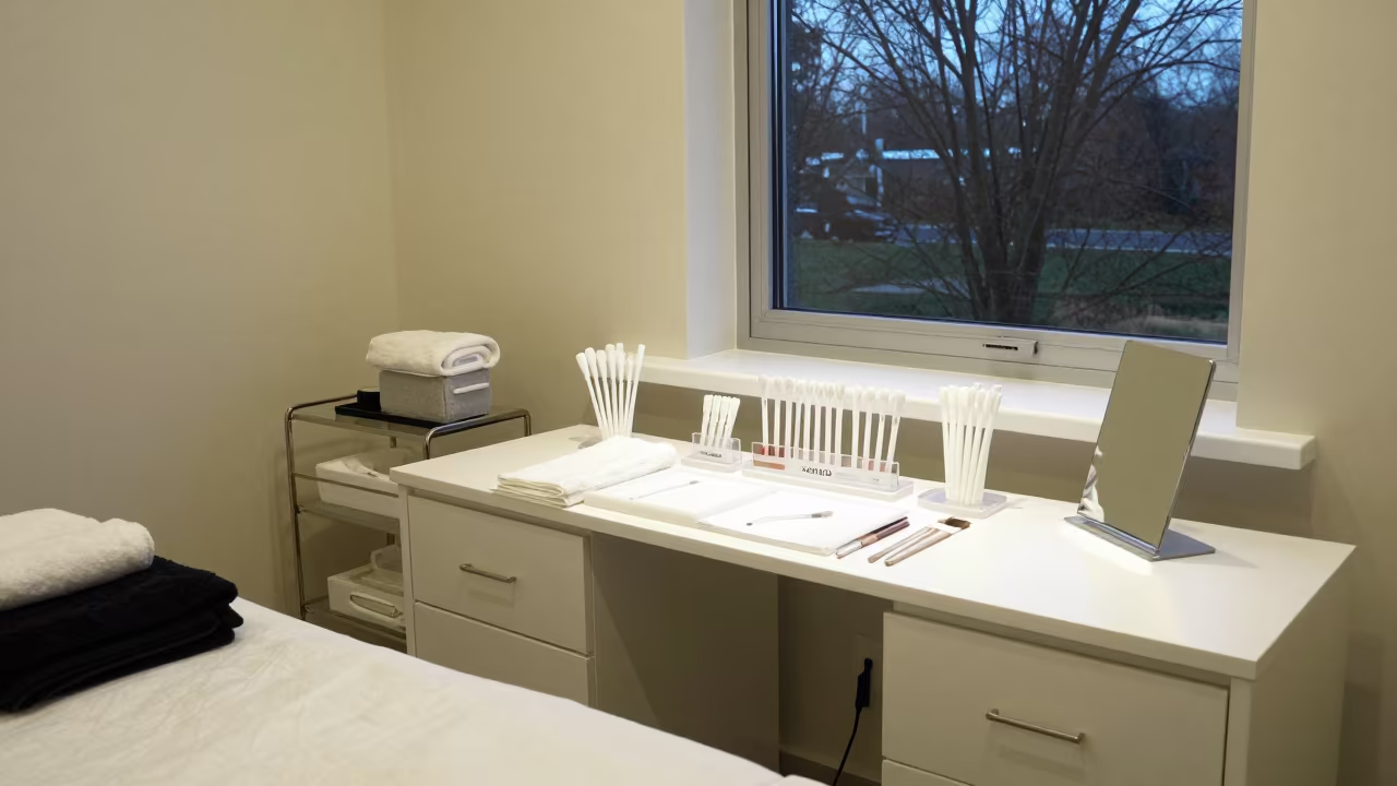 Nighttime Skincare Tester Station with Towels in inside a skincare treatment room near Saskatoon