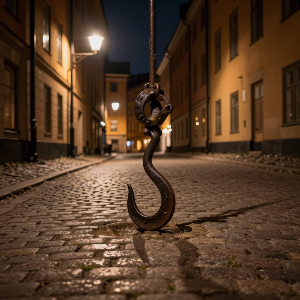 Nighttime Stockholm Iron Hook and Streetlamp Reflection on Cobblestone in in Stockholm, Sweden
