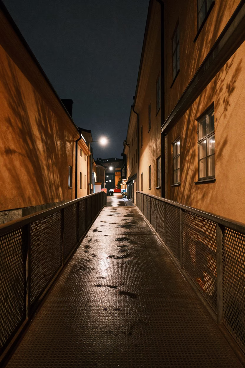 Nighttime Stockholm Pedestrian Overpass Perforated Metal and Wet Footsteps Urban Street Scene in in Stockholm, Sweden
