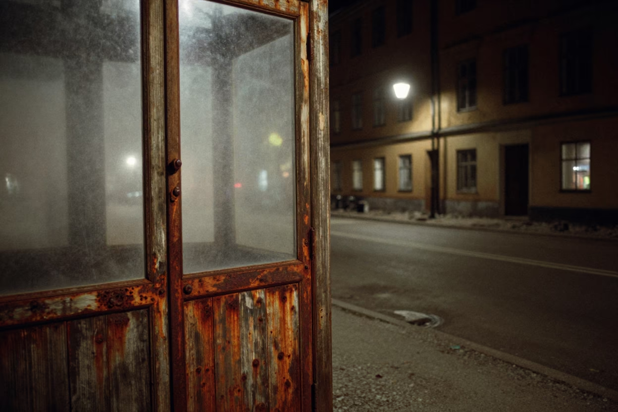 Nighttime Stockholm Street Corner with Fogged Window and Rusty Latch Detail in in Stockholm, Sweden