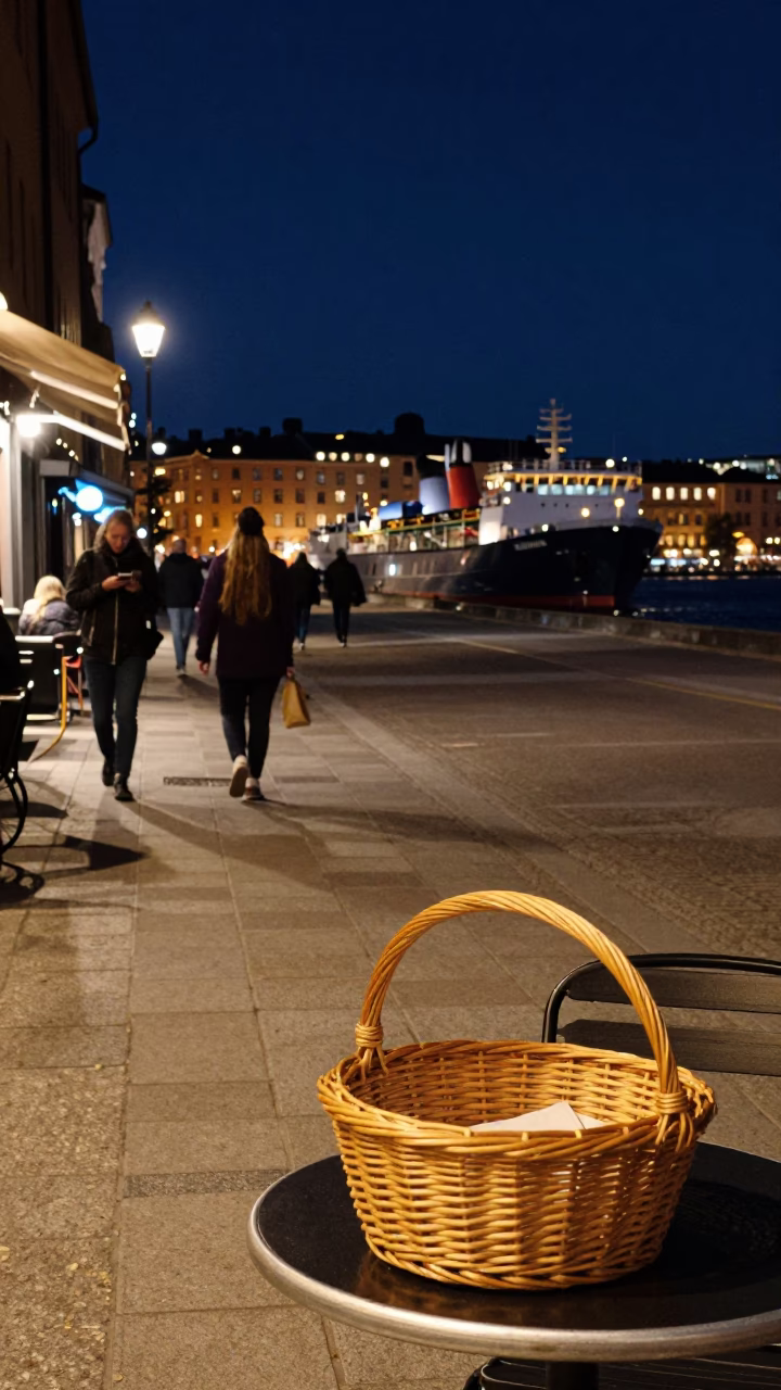 Nighttime Stockholm Street Scene with Cargo Ship on Horizon and Wicker Shadow on Tray in in Stockholm, Sweden