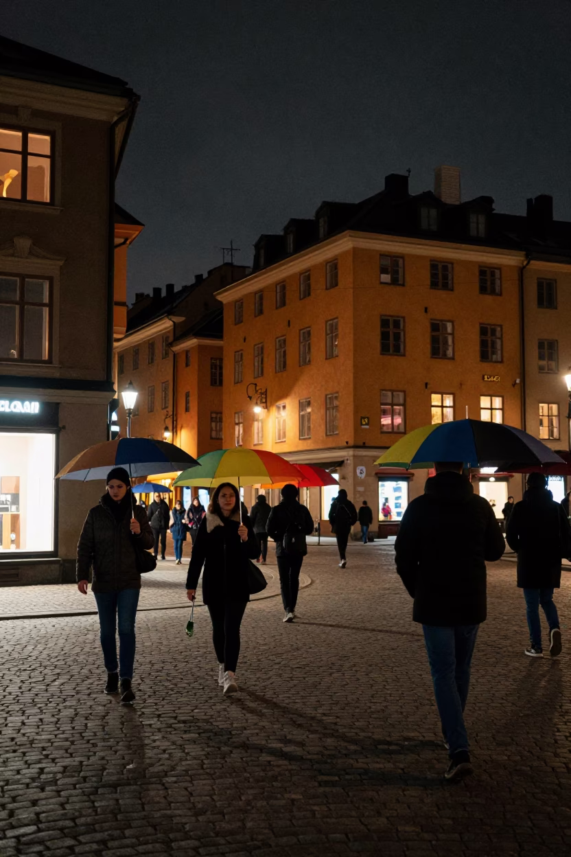 Nighttime Stockholm Street Scene with Colorful Umbrellas and Cobblestone Reflections Under Deep Sky in in Stockholm, Sweden