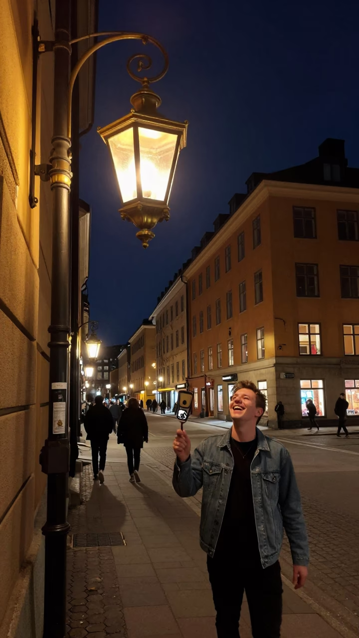 Nighttime Stockholm Street Scene with Lantern and Brass Details in in Stockholm, Sweden