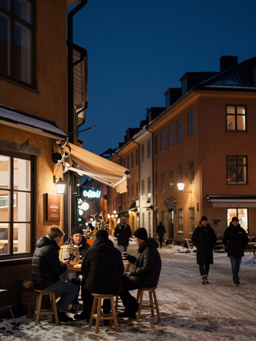 Nighttime Stockholm Street Scene with Traditional Sake Barrel and Local Interaction in in Stockholm, Sweden