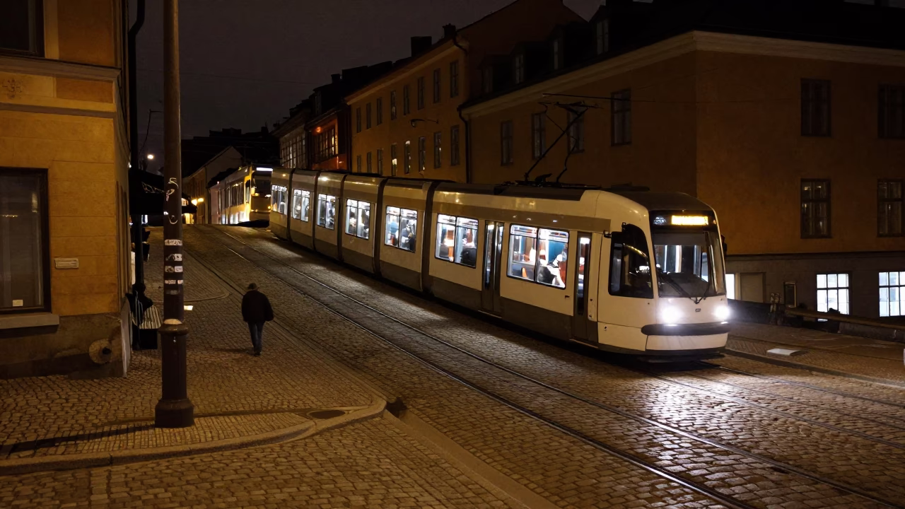 Nighttime Stockholm Street Scene with Tram on Steep Hill and Urban Infrastructure in in Stockholm, Sweden