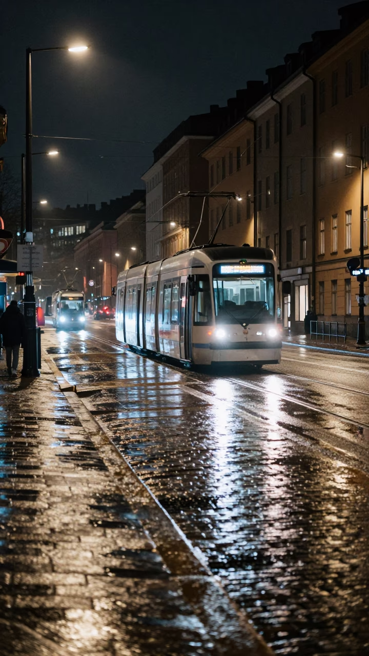 Nighttime Stockholm Street Scene with Tram Reflection on Wet Cobblestones in in Stockholm, Sweden