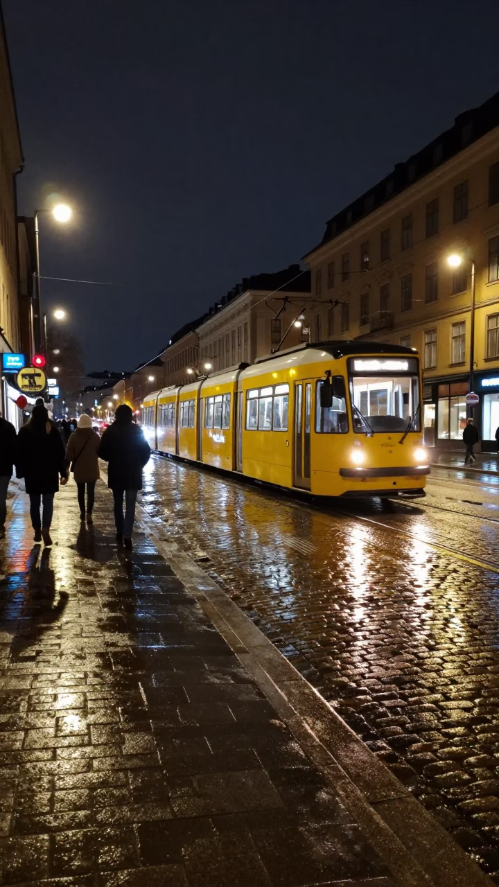 Nighttime Stockholm Street Scene with Tram Reflections and Cobblestone Rain Puddles in in Stockholm, Sweden